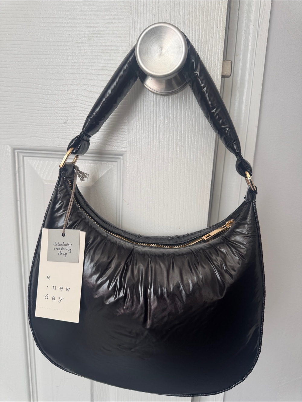 a new day Glossy Black Crescent Shoulder Bag